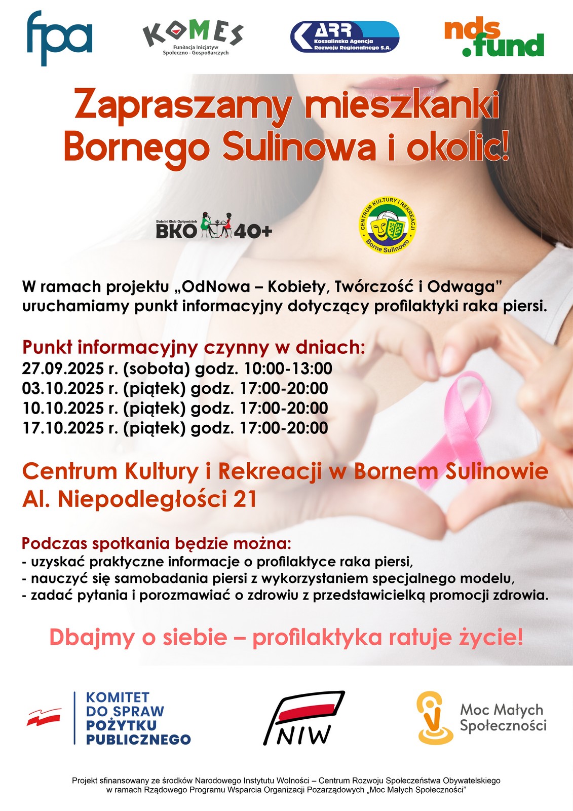 W ramach projektu „OdNowa – Kobiety, Twórczość i Odwaga” uruchamiamy punkt informacyjny dotyczący profilaktyki raka piersi.